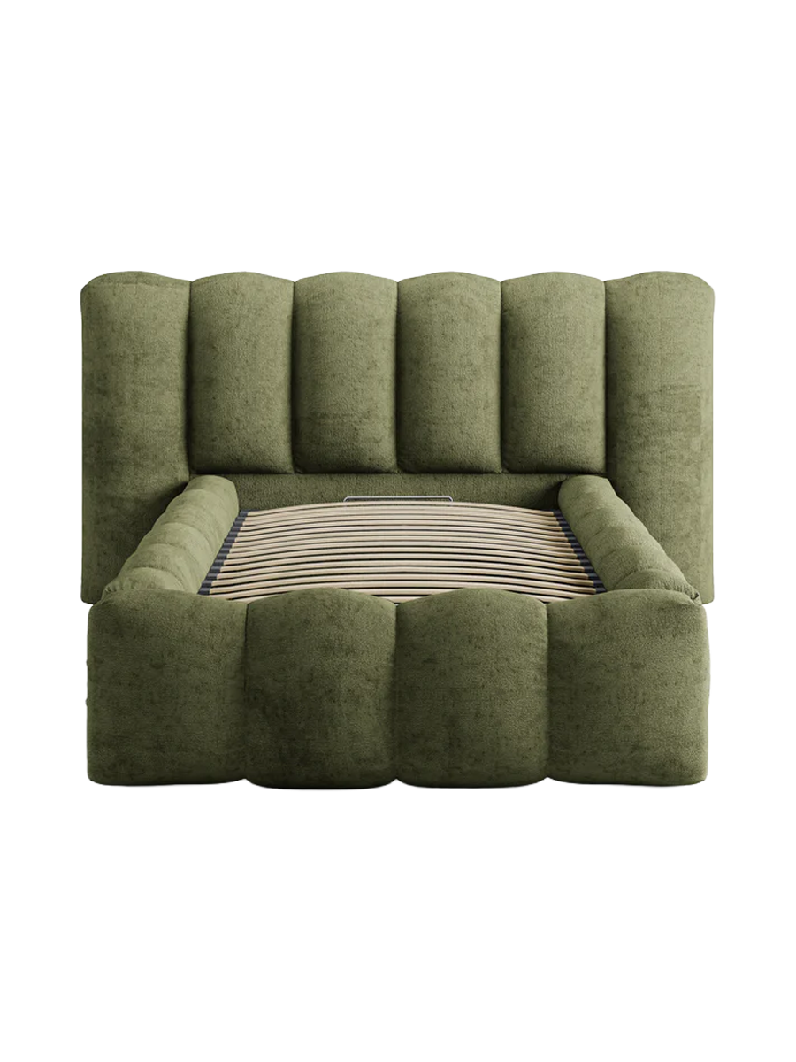 
"Lupine" designer upholstered bed with storage compartment - Chenille Green
