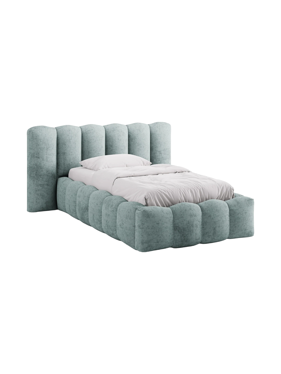 
"Lupine" designer upholstered bed with storage compartment - Chenille Mint Blue