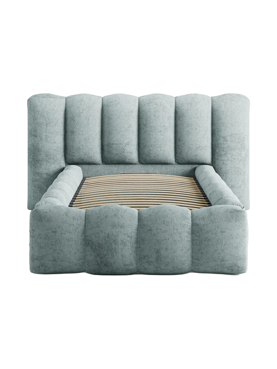 
"Lupine" designer upholstered bed with storage compartment - Chenille Mint Blue