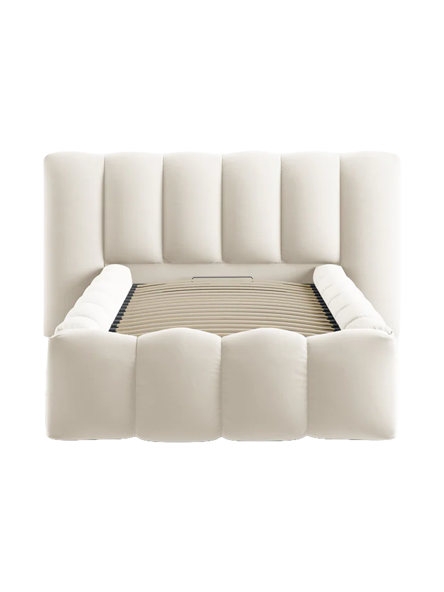
"Lupine" designer upholstered bed with storage compartment - Velvet Light Beige
