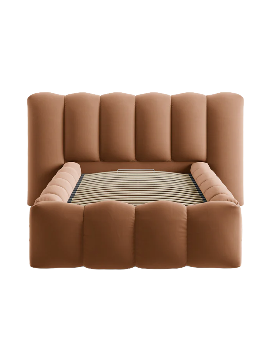 
"Lupine" designer upholstered bed with storage compartment - Velvet Honey