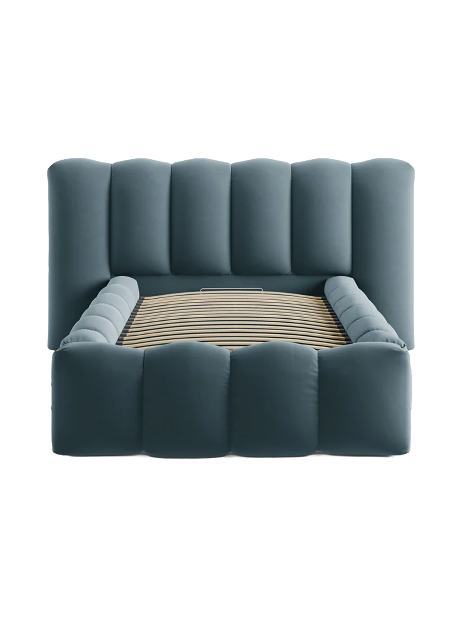 
"Lupine" designer upholstered bed with storage compartment - Velvet Blue
