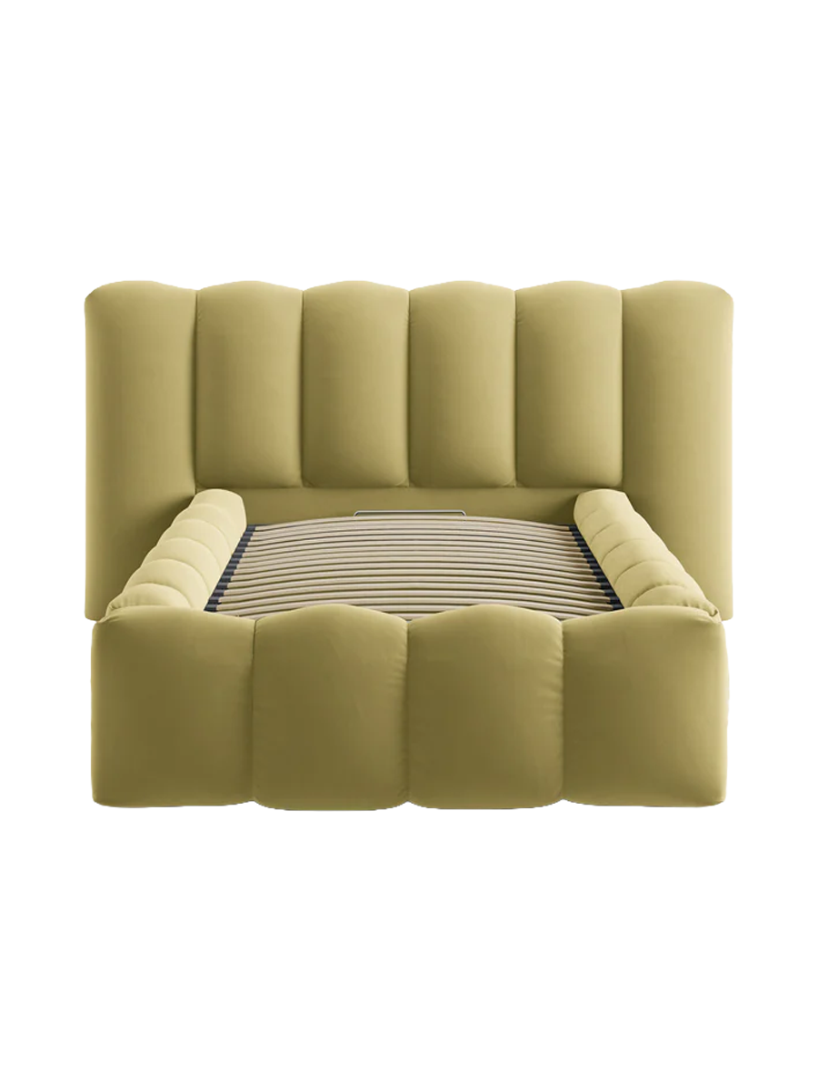 
"Lupine" designer upholstered bed with storage compartment - Velvet Mud Green