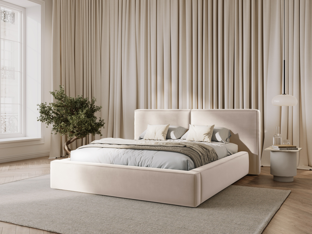 
Design Polsterbett „Jodie“ mit Ablagefach - Samtbezug Light Beige - Liegefläche 140 x 200 cm