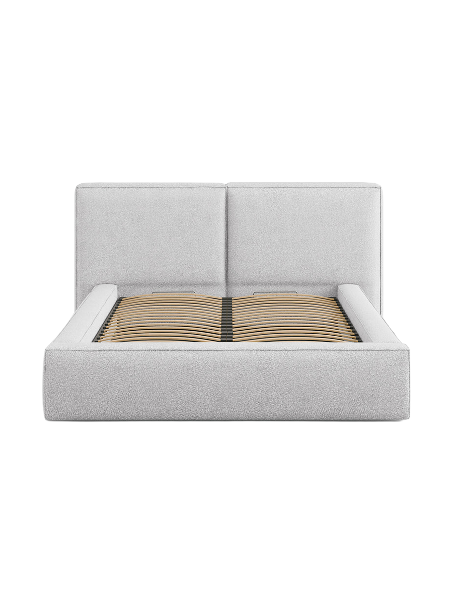 
Letto imbottito di design “Jodie” con vano portaoggetti - bouclé grigio chiaro - Superficie di riposo 160 x 200 cm