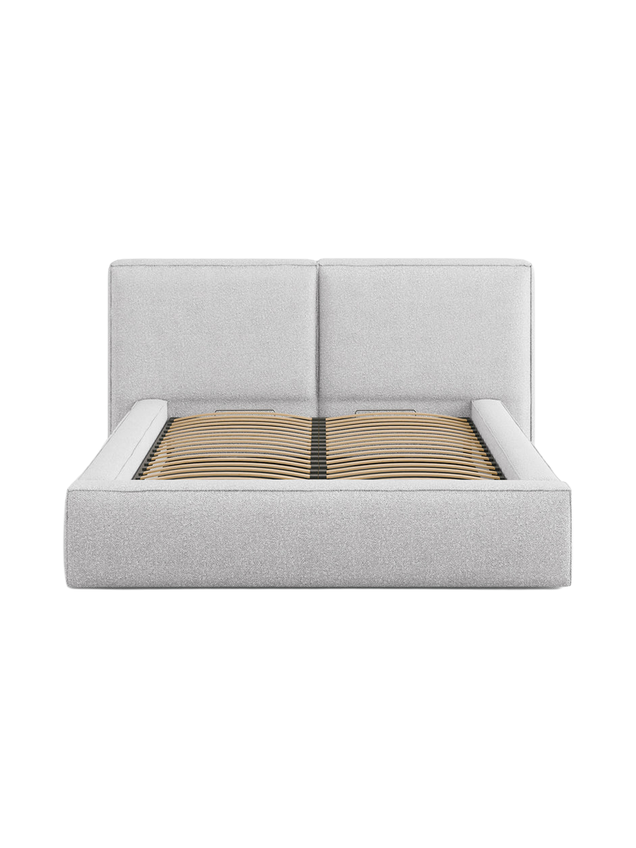 
Letto imbottito di design “Jodie” con vano portaoggetti - bouclé grigio chiaro - Superficie di riposo 180 x 200 cm