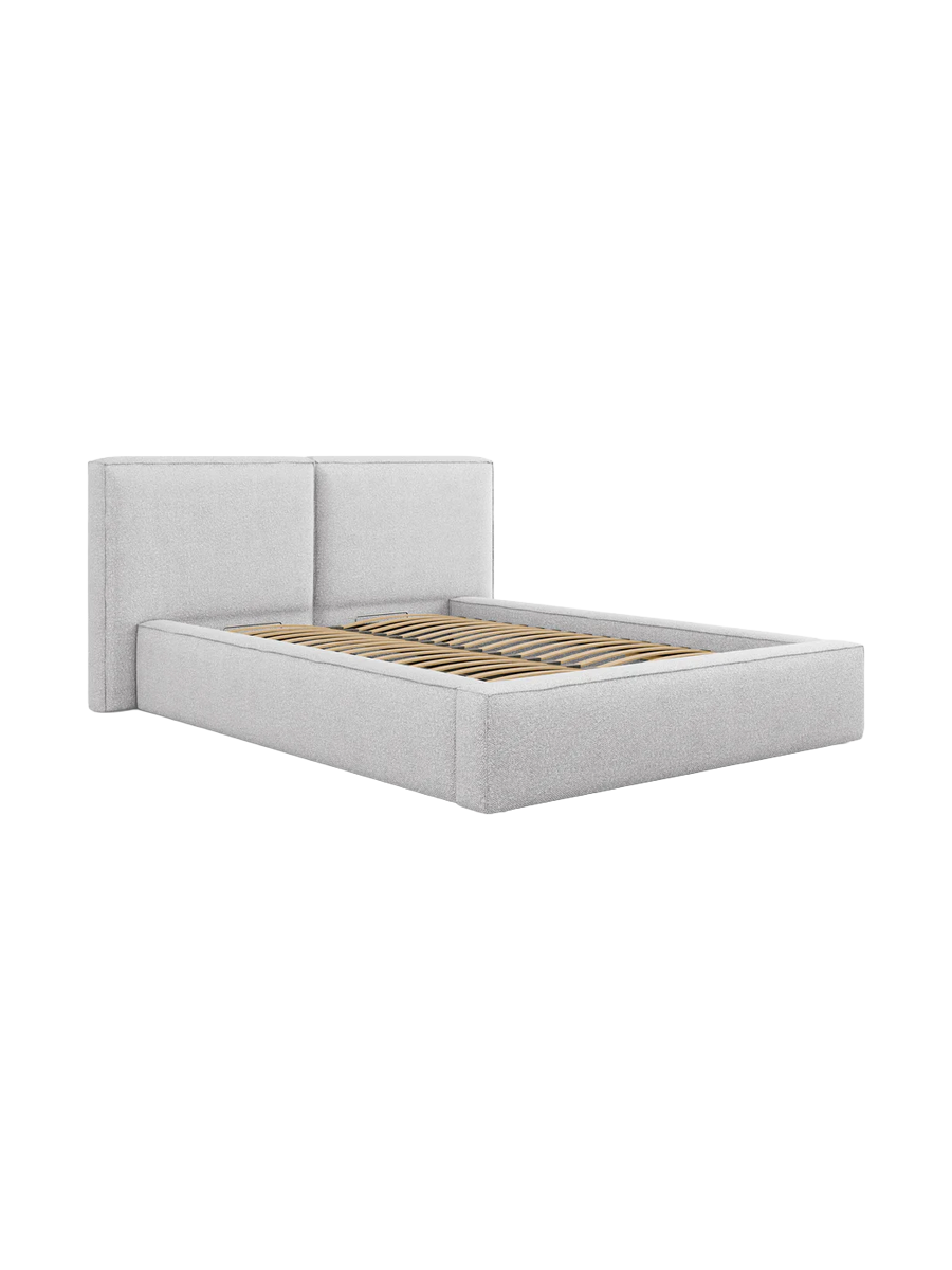 
Letto imbottito di design “Jodie” con vano portaoggetti - bouclé grigio chiaro - Superficie di riposo 200 x 200 cm