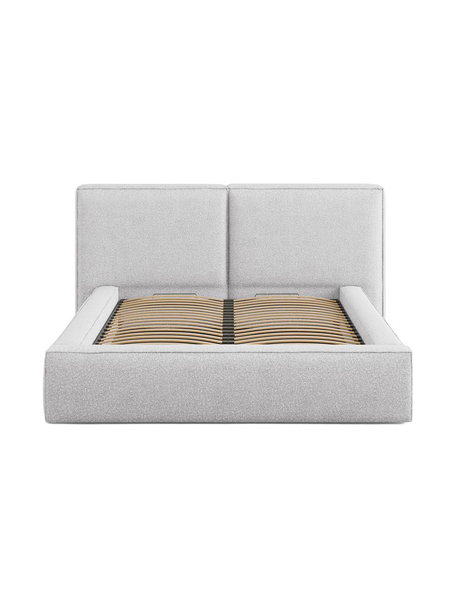 
Letto imbottito di design “Jodie” con vano portaoggetti - bouclé grigio chiaro - Superficie di riposo 200 x 200 cm