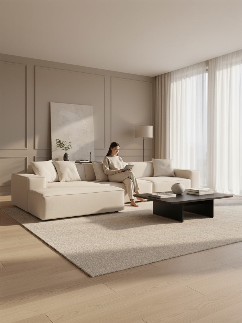 
Canapé d'angle design 4 places « Jodie » - Revêtement velours beige doux / Élément d'angle gauche