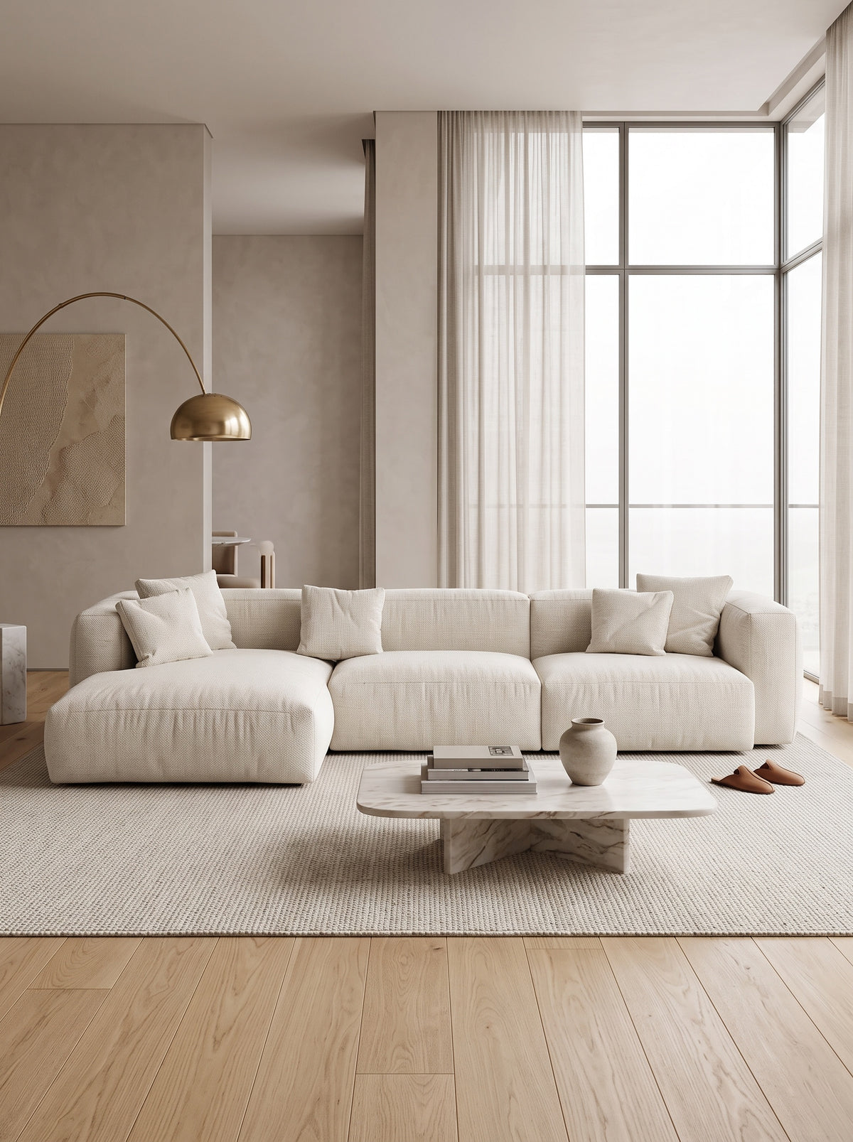 
Canapé d'angle modulable design 4 places « Martina » - Tissu d'ameublement beige clair / Pièce d'angle gauche / Profondeur d'assise 76 cm