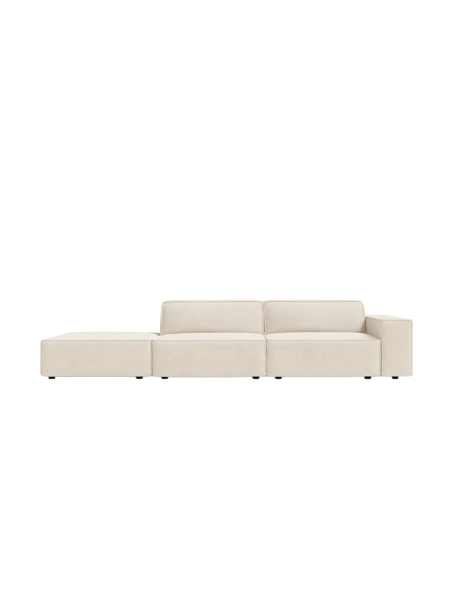 
3-Sitzer Designsofa „Jodie“ mit abgerundetem Ottomane - Samtbezug Soft Beige / Ottomane links