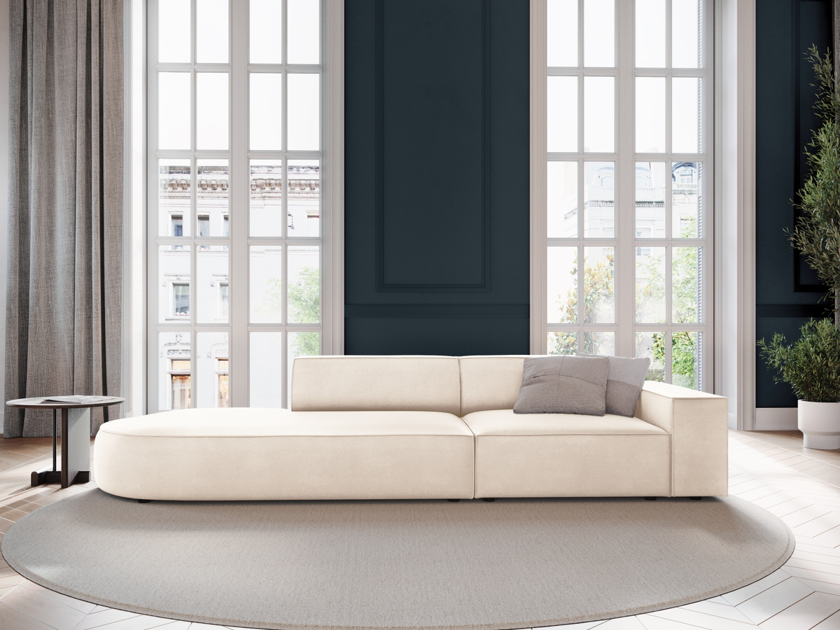 
3-Sitzer Designsofa „Jodie“ mit abgerundetem Ottomane - Samtbezug Soft Beige / Ottomane links