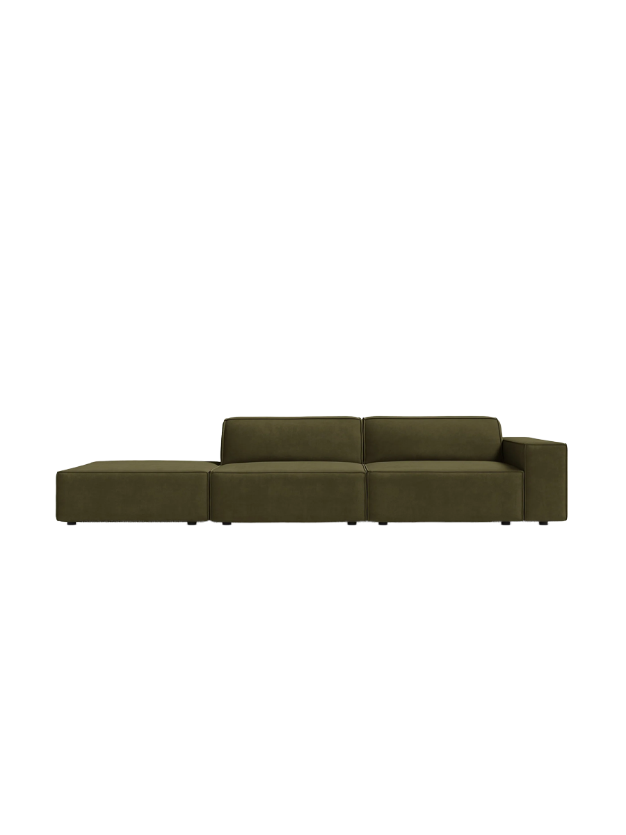 
3-Sitzer Designsofa „Jodie“ mit abgerundetem Ottomane - Samtbezug Khaki / Ottomane links
