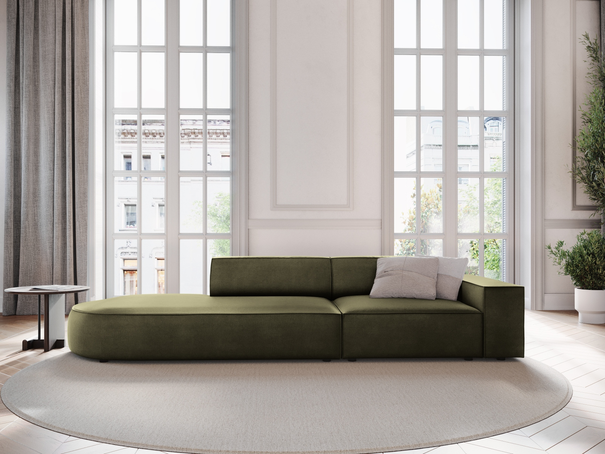 
3-Sitzer Designsofa „Jodie“ mit abgerundetem Ottomane - Samtbezug Khaki / Ottomane links