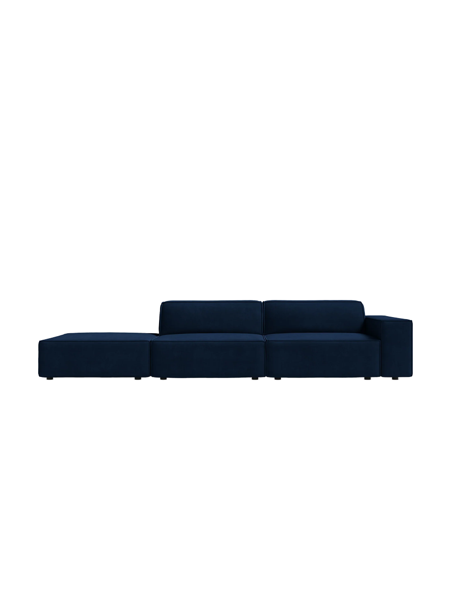 
3-Sitzer Designsofa „Jodie“ mit abgerundetem Ottomane - Samtbezug Königsblau / Ottomane links