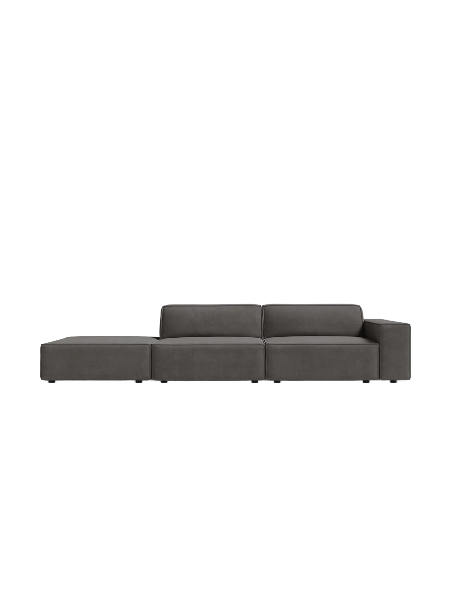 
3-Sitzer Designsofa „Jodie“ mit abgerundetem Ottomane - Samtbezug Hellgrau / Ottomane links