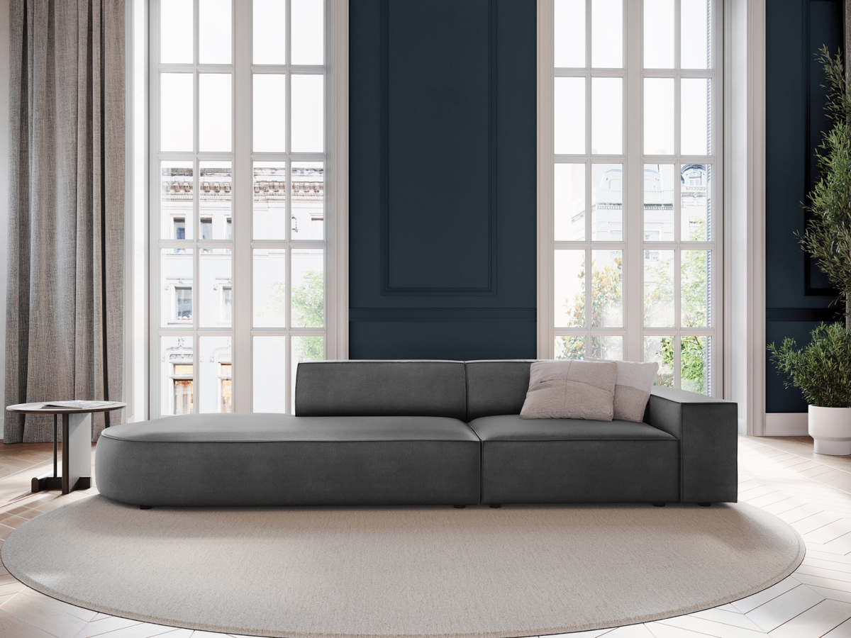 
3-Sitzer Designsofa „Jodie“ mit abgerundetem Ottomane - Samtbezug Grau / Ottomane links