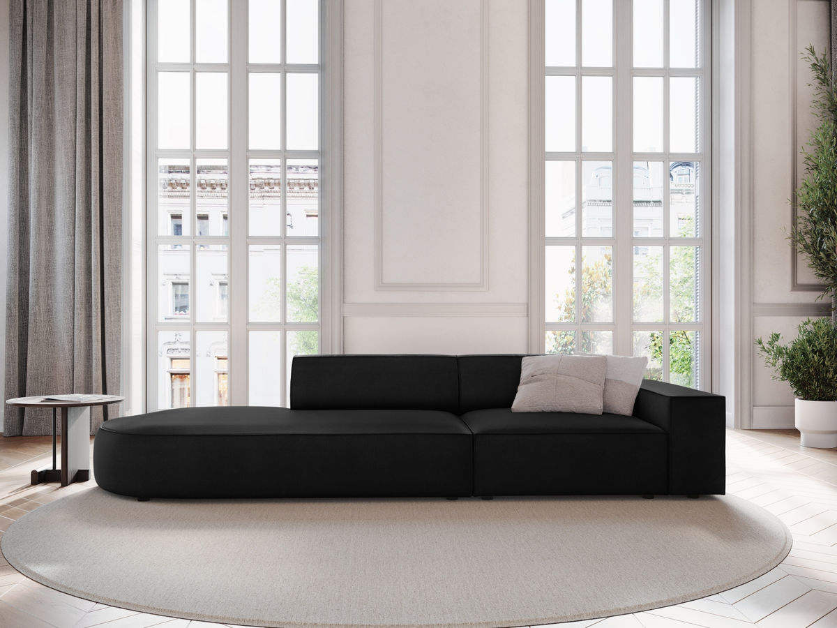 
3-Sitzer Designsofa „Jodie“ mit abgerundetem Ottomane - Samtbezug Schwarz / Ottomane links