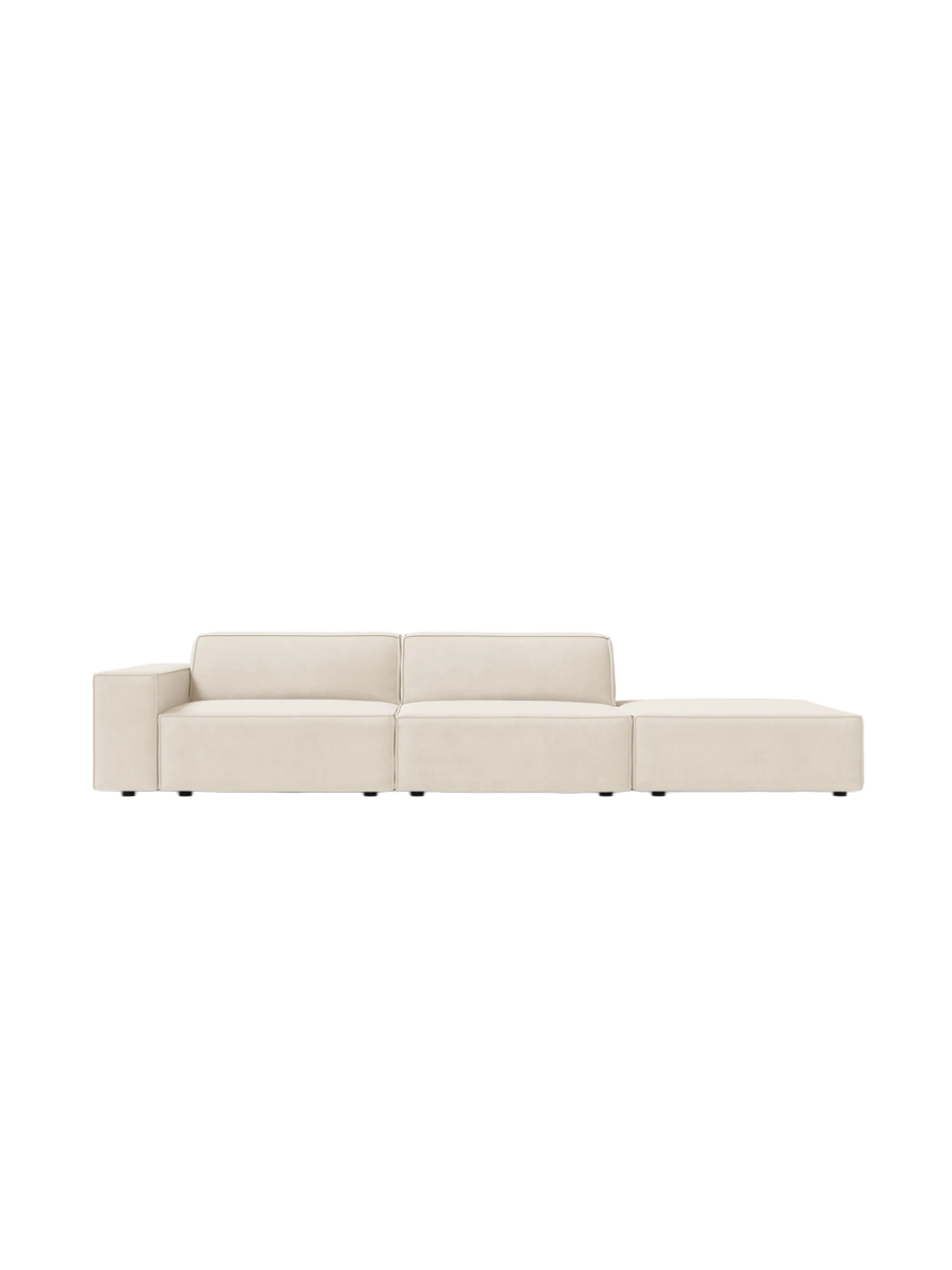 
3-Sitzer Designsofa „Jodie“ mit abgerundetem Ottomane - Samtbezug Soft Beige / Ottomane rechts
