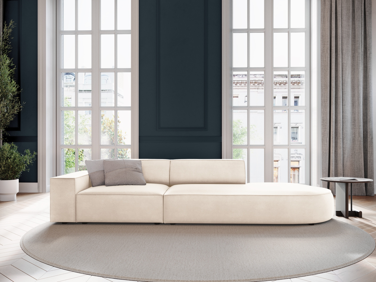 
3-Sitzer Designsofa „Jodie“ mit abgerundetem Ottomane - Samtbezug Soft Beige / Ottomane rechts