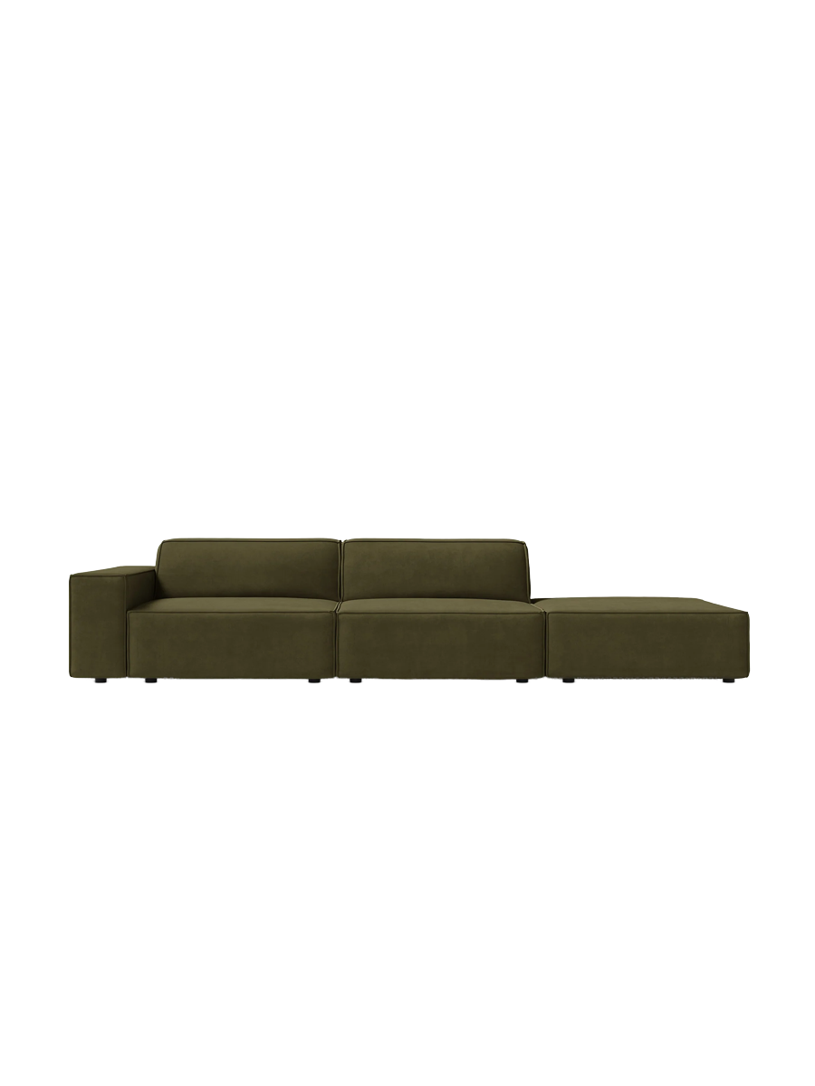 
3-Sitzer Designsofa „Jodie“ mit abgerundetem Ottomane - Samtbezug Khaki / Ottomane rechts