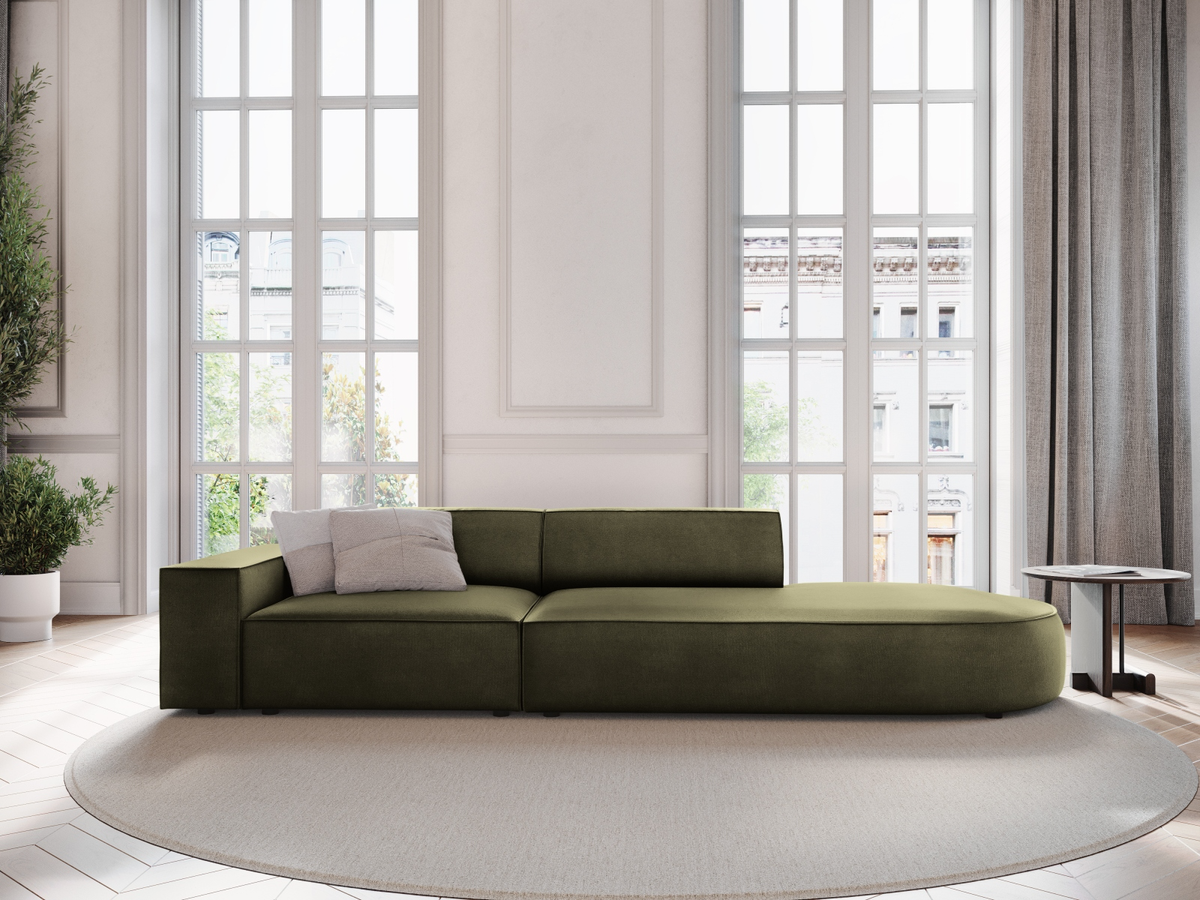 
3-Sitzer Designsofa „Jodie“ mit abgerundetem Ottomane - Samtbezug Khaki / Ottomane rechts
