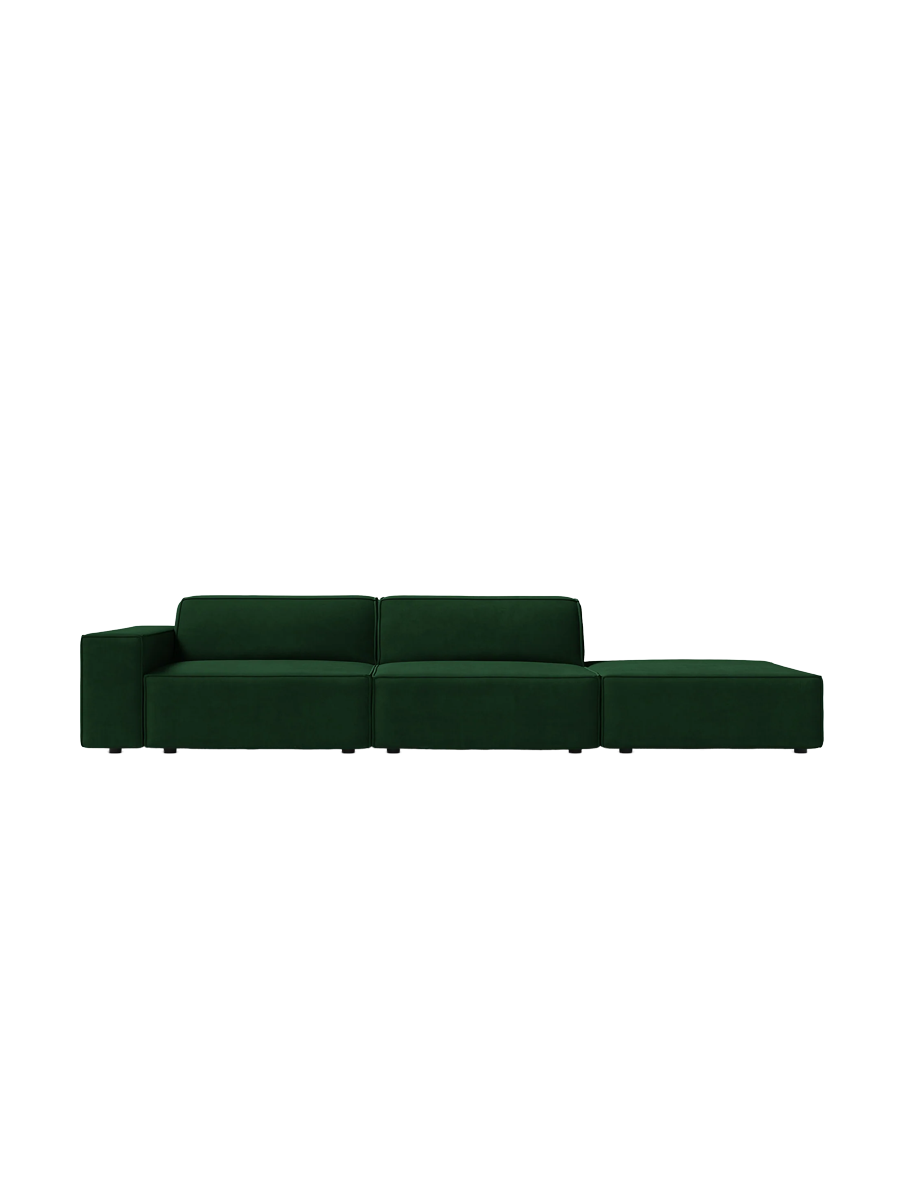 
3-Sitzer Designsofa „Jodie“ mit abgerundetem Ottomane - Samtbezug Smaragdgrün / Ottomane rechts