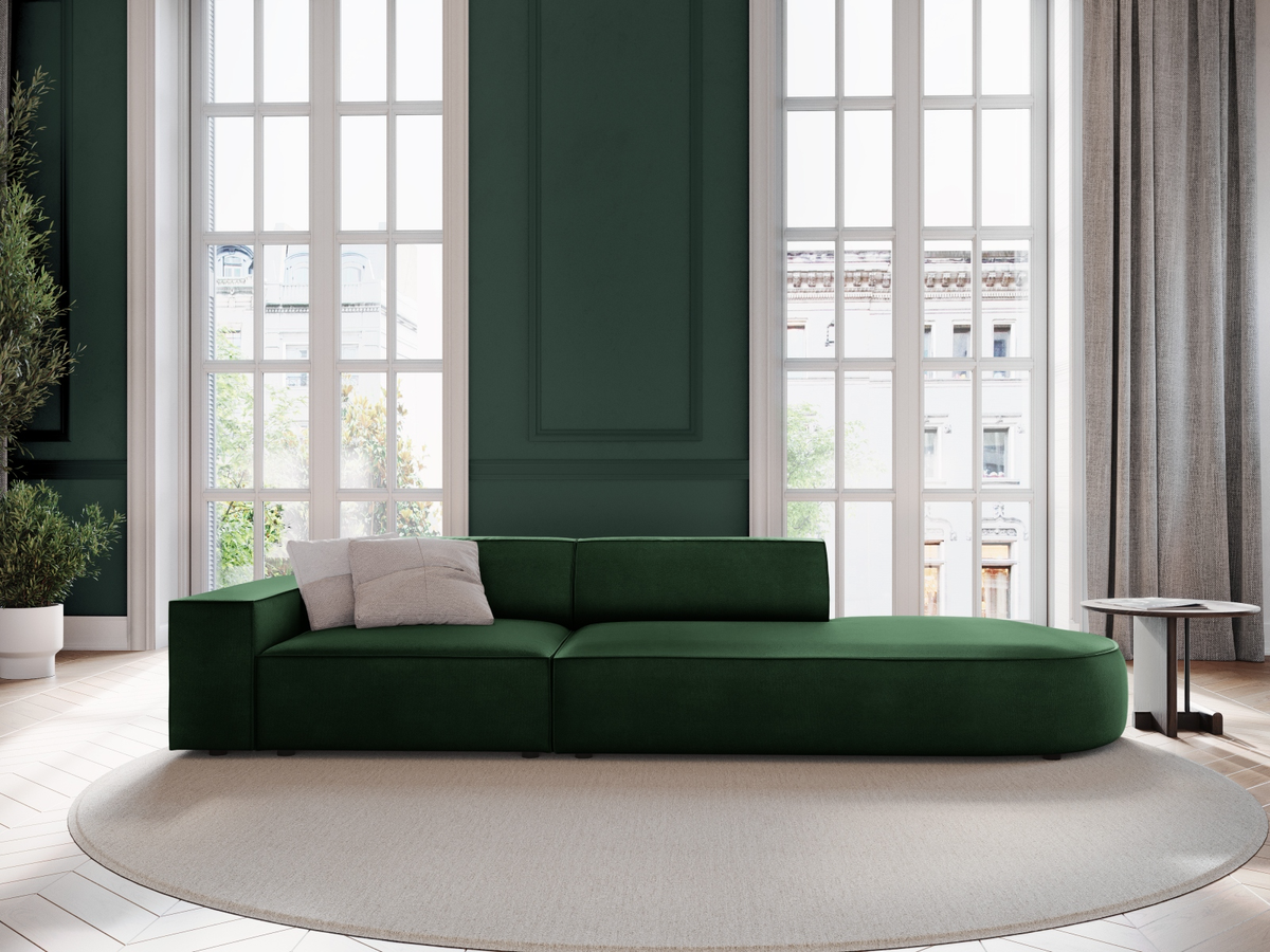 
3-Sitzer Designsofa „Jodie“ mit abgerundetem Ottomane - Samtbezug Smaragdgrün / Ottomane rechts