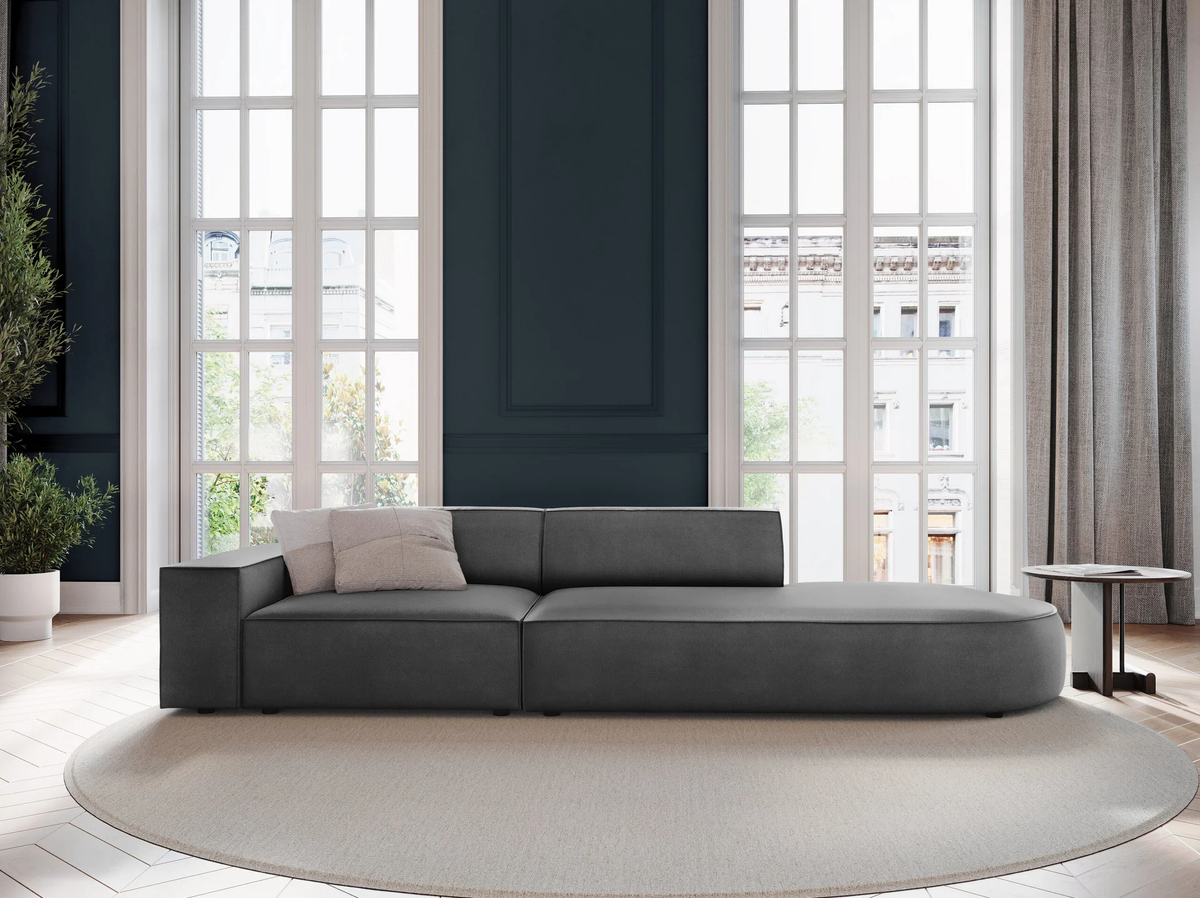 
3-Sitzer Designsofa „Jodie“ mit abgerundetem Ottomane - Samtbezug Grau / Ottomane rechts