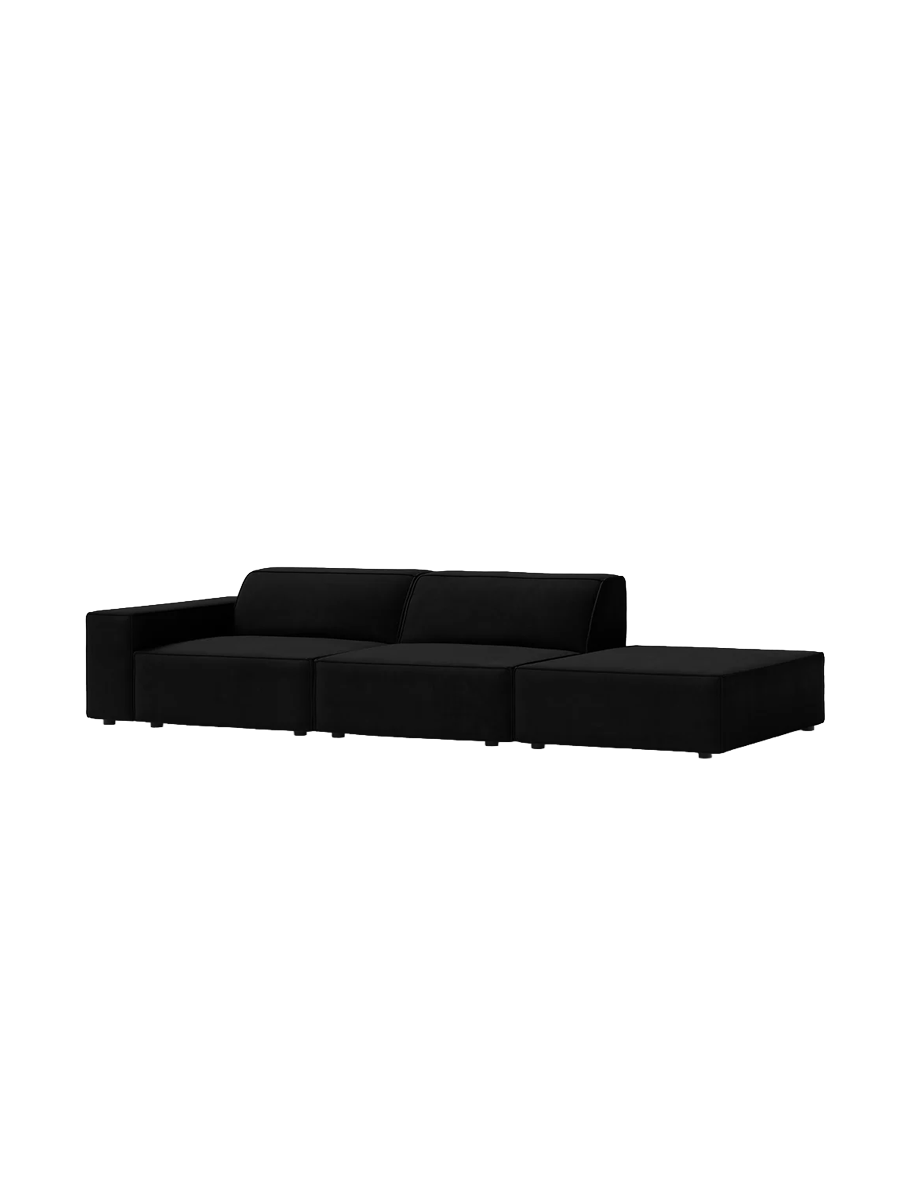 
3-Sitzer Designsofa „Jodie“ mit abgerundetem Ottomane - Samtbezug Schwarz / Ottomane rechts