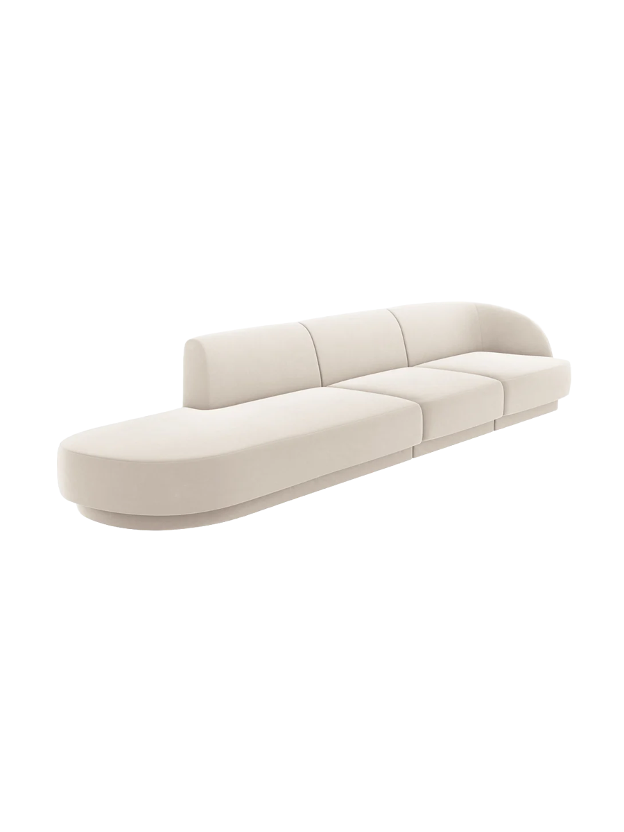 
Modulares Design Sofa mit Ottomane „Miley“ (4-Sitzer) - Samt Light Beige / Ottomane links