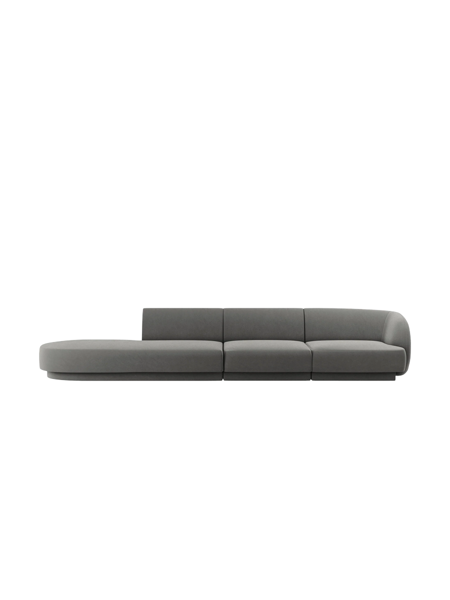 
Modulares Design Sofa mit Ottomane „Miley“ (4-Sitzer) - Samt Hellgrau / Ottomane links