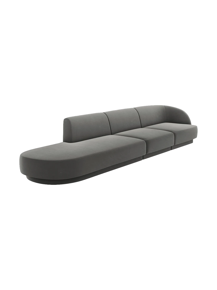 
Modulares Design Sofa mit Ottomane „Miley“ (4-Sitzer) - Samt Hellgrau / Ottomane links