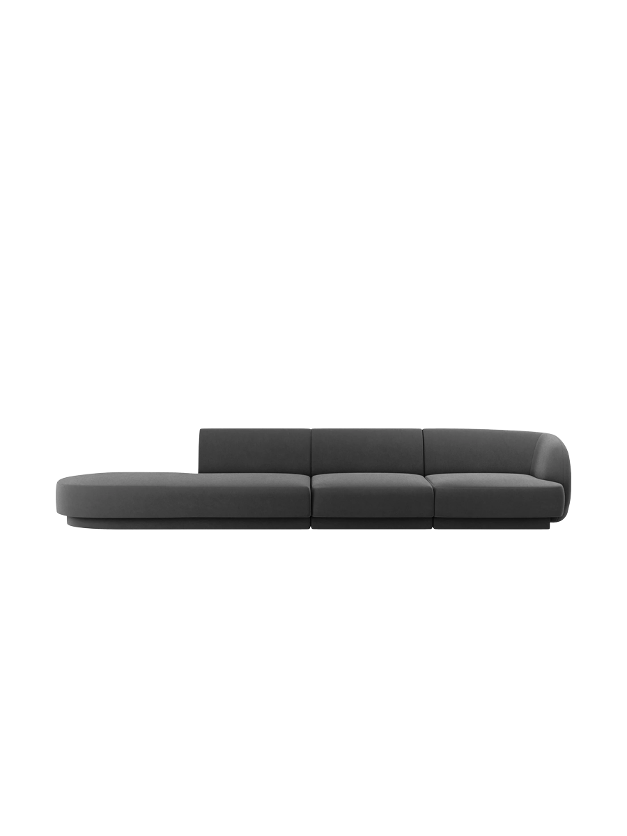
Modulares Design Sofa mit Ottomane „Miley“ (4-Sitzer) - Samt Grau / Ottomane links