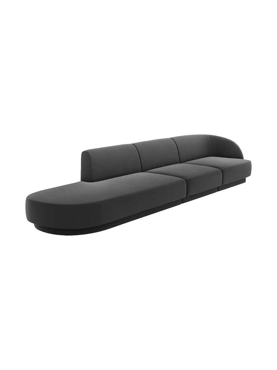 
Modulares Design Sofa mit Ottomane „Miley“ (4-Sitzer) - Samt Grau / Ottomane links