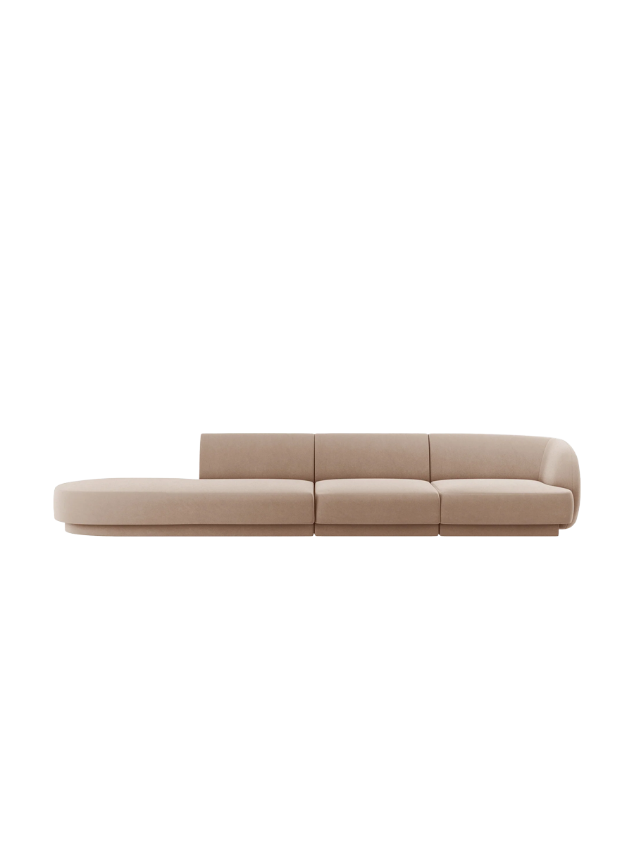 
Modulares Design Sofa mit Ottomane „Miley“ (4-Sitzer) - Samt Cappuccino / Ottomane links