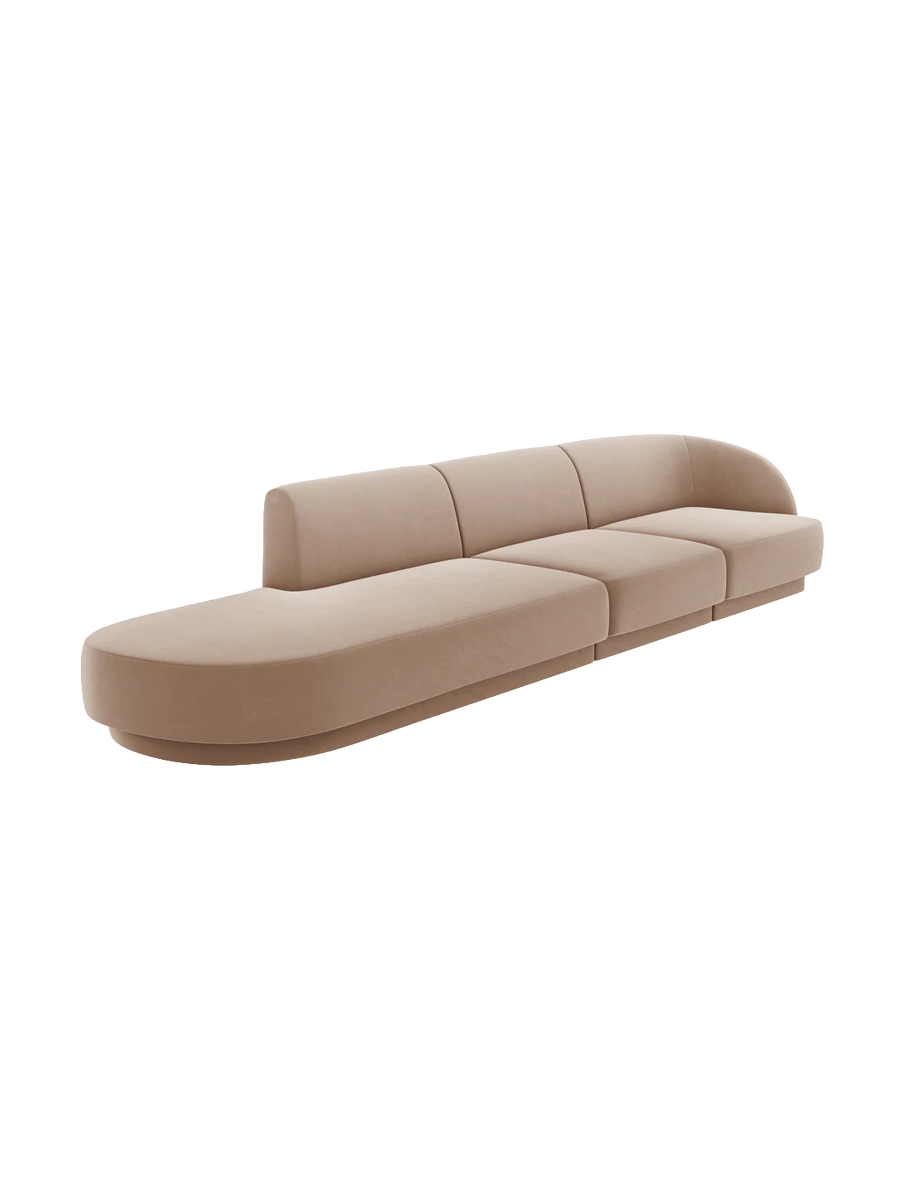 
Modulares Design Sofa mit Ottomane „Miley“ (4-Sitzer) - Samt Cappuccino / Ottomane links