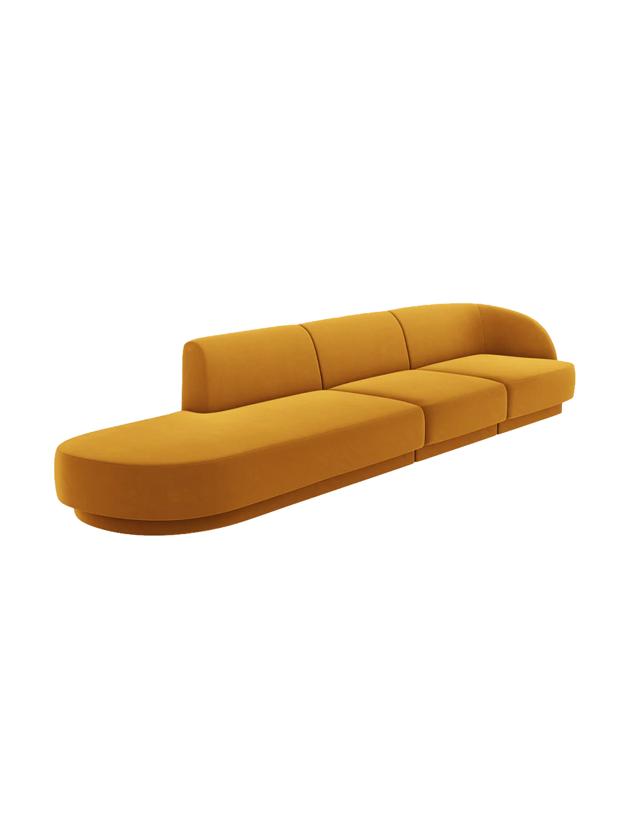 
Modulares Design Sofa mit Ottomane „Miley“ (4-Sitzer) - Samt Senfgelb / Ottomane links