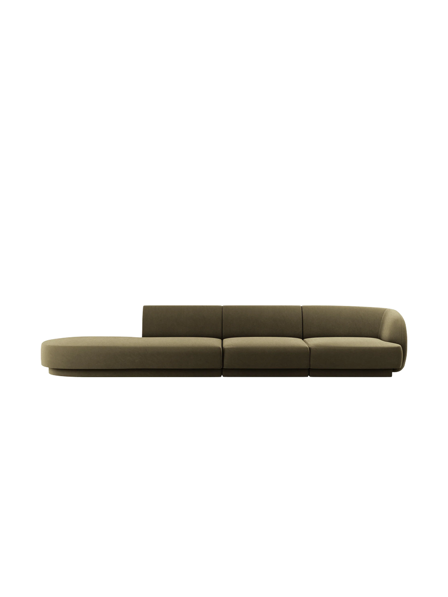 
Modulares Design Sofa mit Ottomane „Miley“ (4-Sitzer) - Samt Grün / Ottomane links