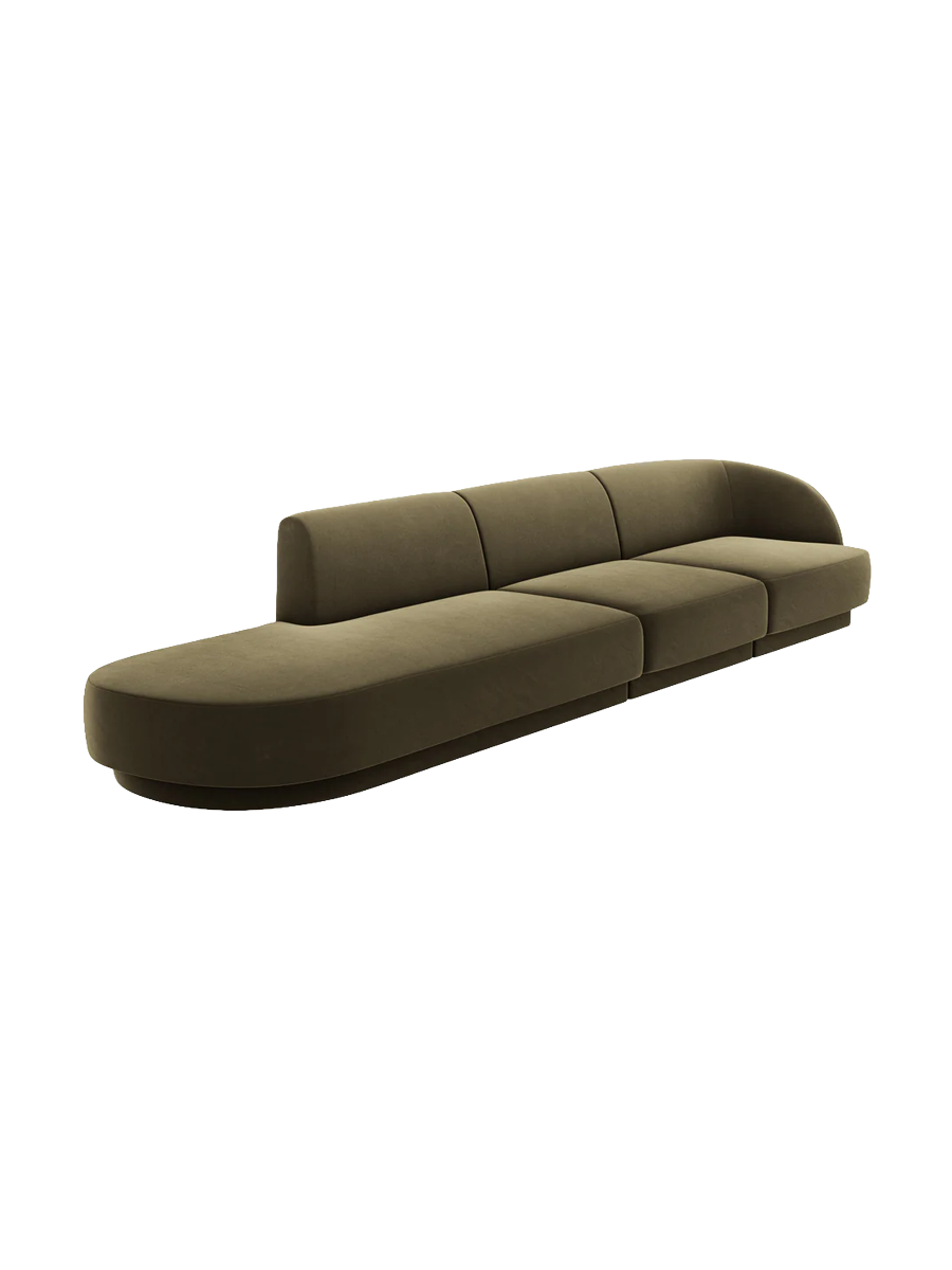 
Modulares Design Sofa mit Ottomane „Miley“ (4-Sitzer) - Samt Grün / Ottomane links