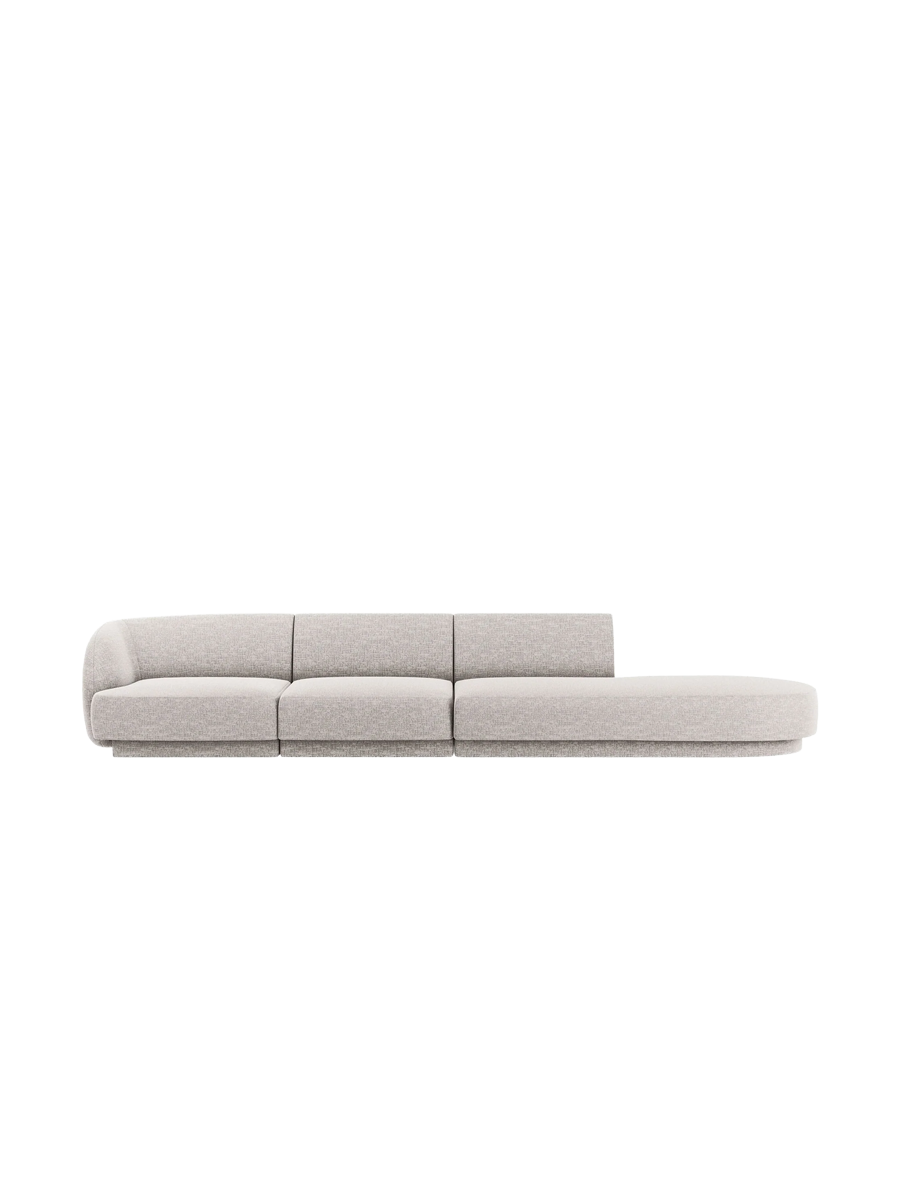 
Modulares Design Sofa mit Ottomane „Miley“ (4-Sitzer) - Chenille Hellgrau / Ottomane rechts