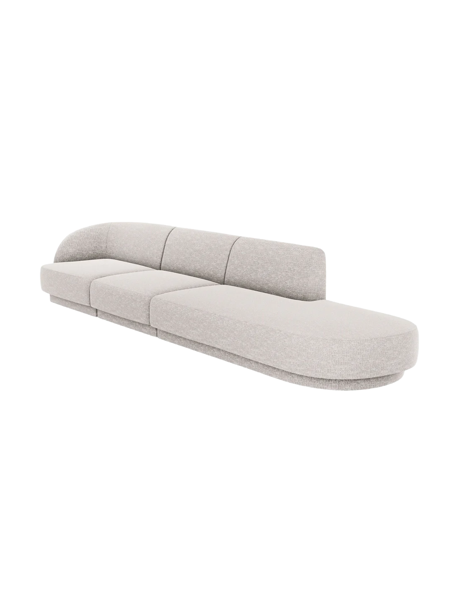 
Modulares Design Sofa mit Ottomane „Miley“ (4-Sitzer) - Chenille Hellgrau / Ottomane rechts