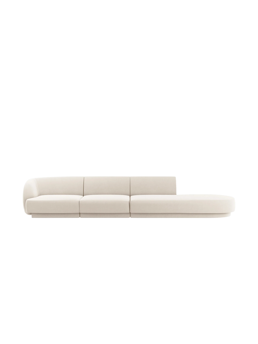 
Modulares Design Sofa mit Ottomane „Miley“ (4-Sitzer) - Samt Light Beige / Ottomane rechts