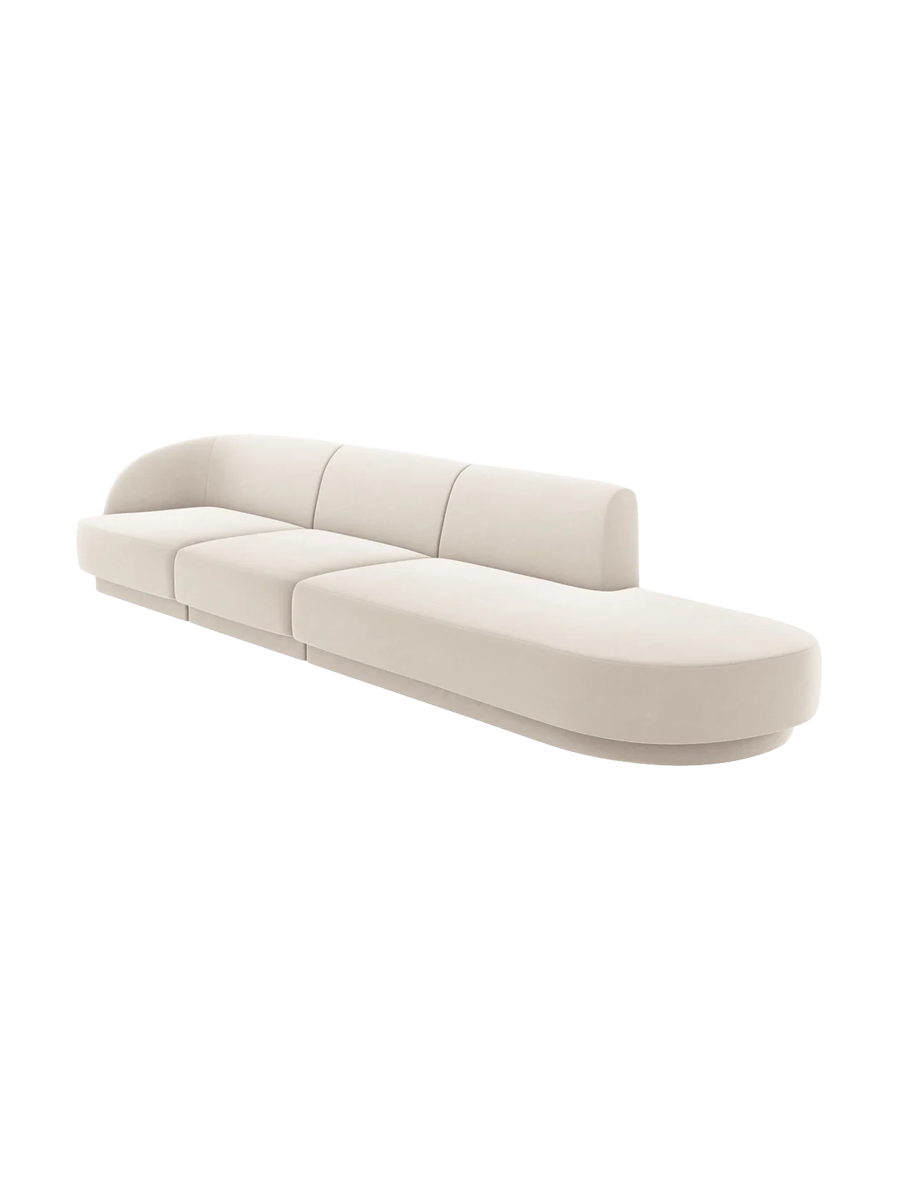 
Modulares Design Sofa mit Ottomane „Miley“ (4-Sitzer) - Samt Light Beige / Ottomane rechts
