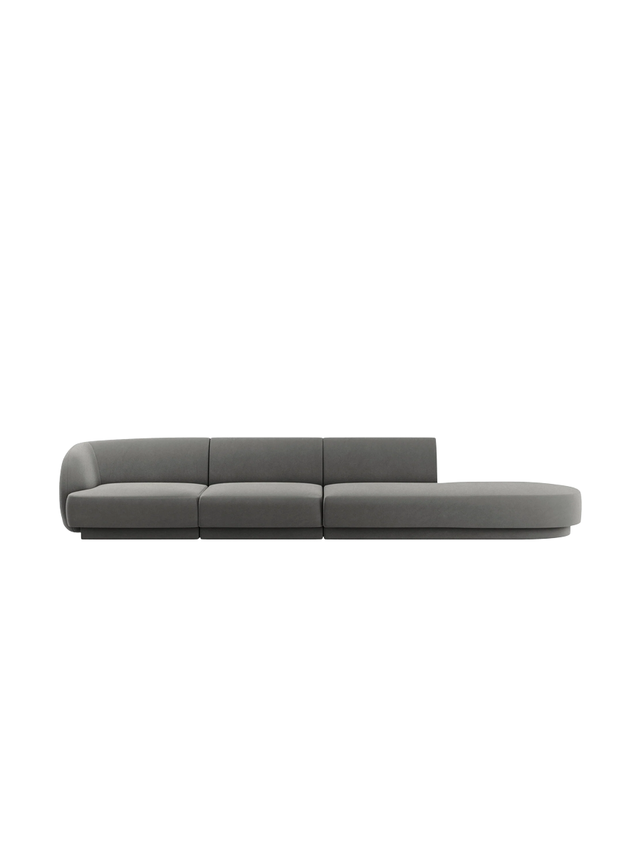 
Modulares Design Sofa mit Ottomane „Miley“ (4-Sitzer) - Samt Hellgrau / Ottomane rechts