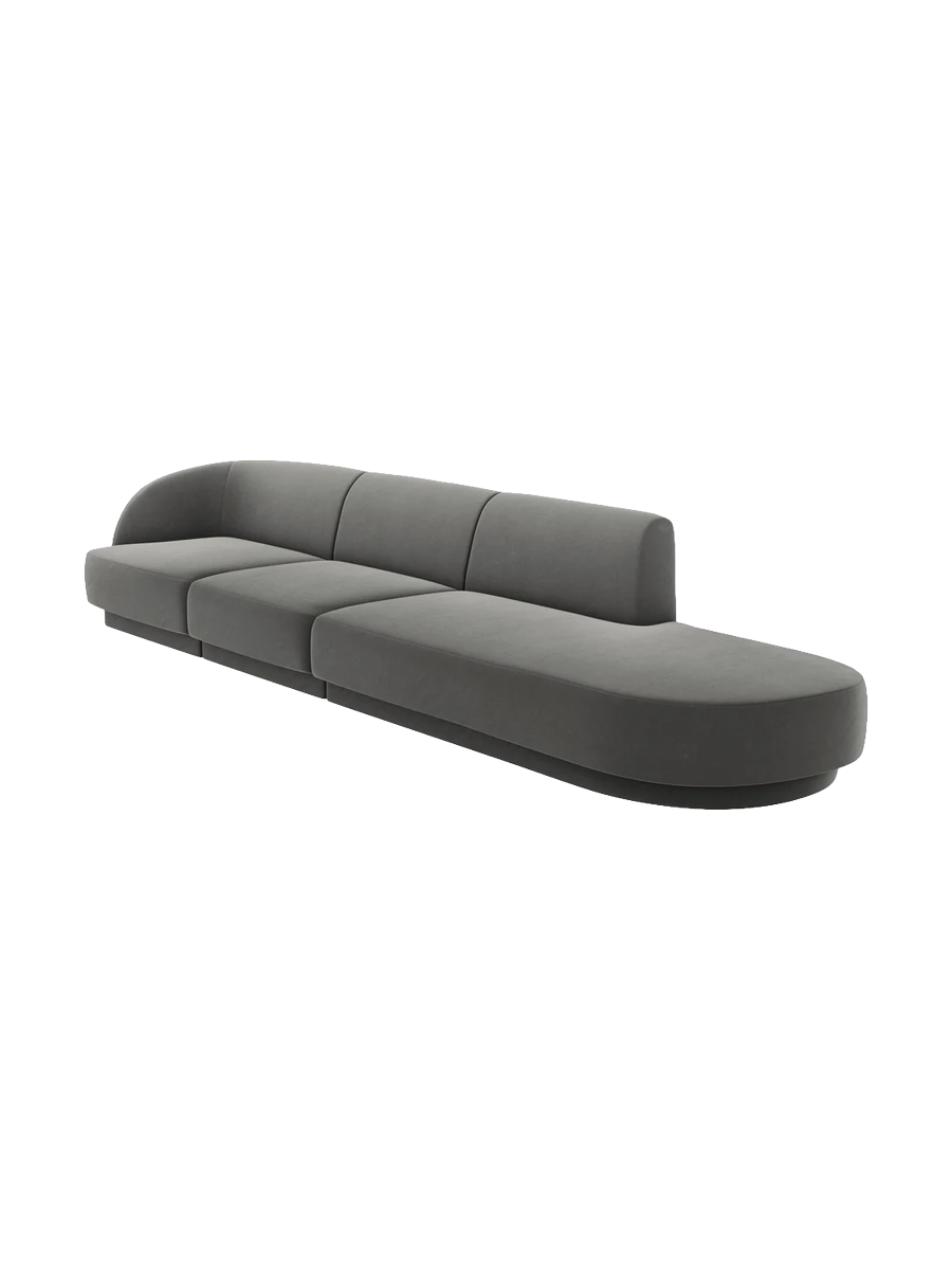 
Modulares Design Sofa mit Ottomane „Miley“ (4-Sitzer) - Samt Hellgrau / Ottomane rechts