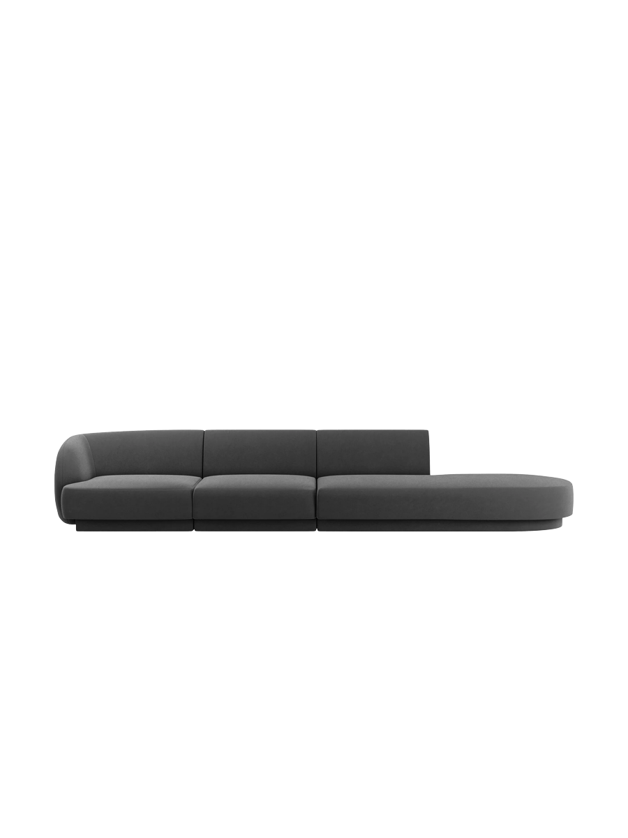 
Modulares Design Sofa mit Ottomane „Miley“ (4-Sitzer) - Samt Grau / Ottomane rechts