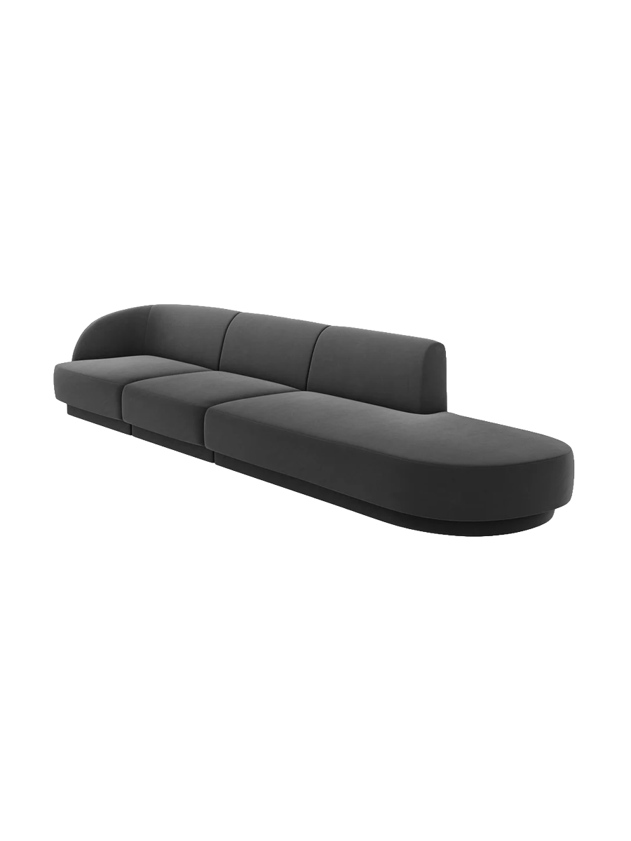 
Modulares Design Sofa mit Ottomane „Miley“ (4-Sitzer) - Samt Grau / Ottomane rechts