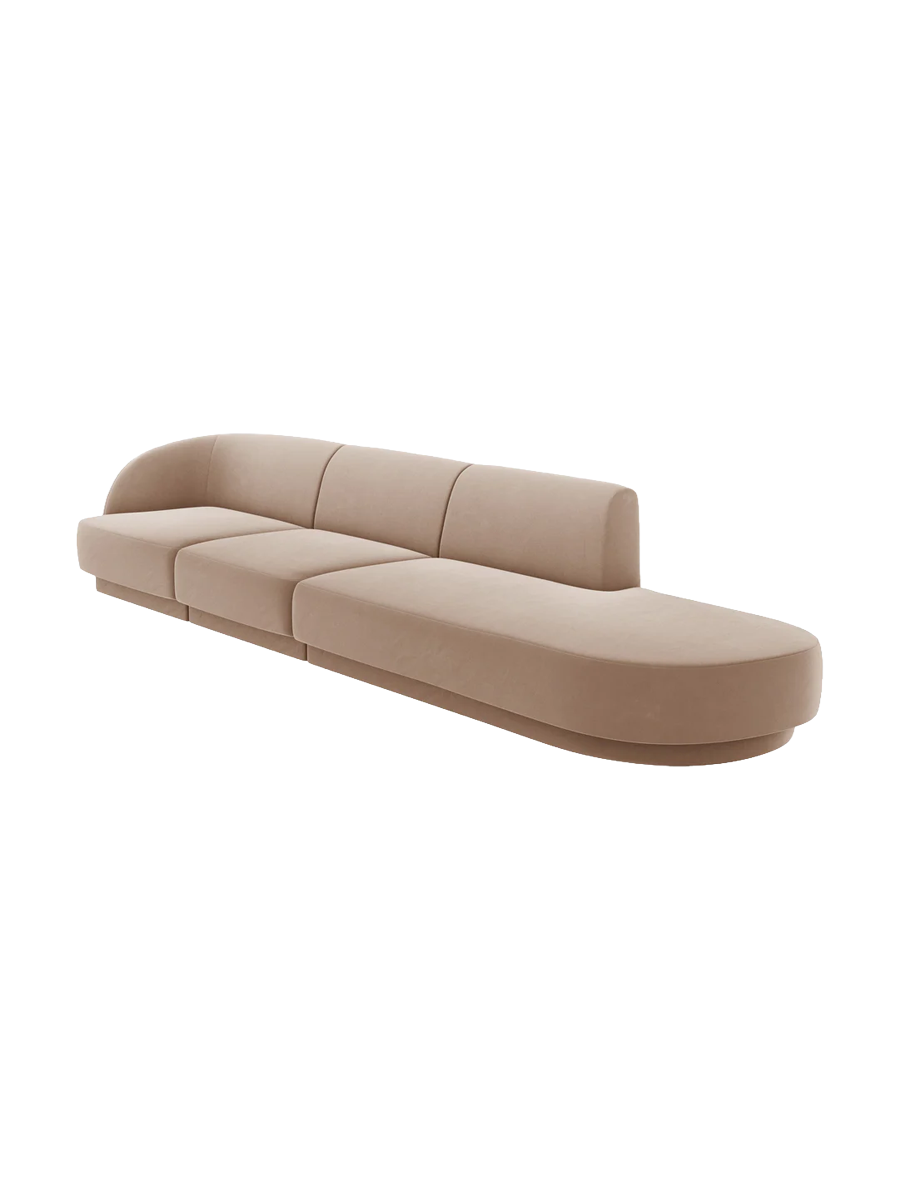 
Modulares Design Sofa mit Ottomane „Miley“ (4-Sitzer) - Samt Cappuccino / Ottomane rechts