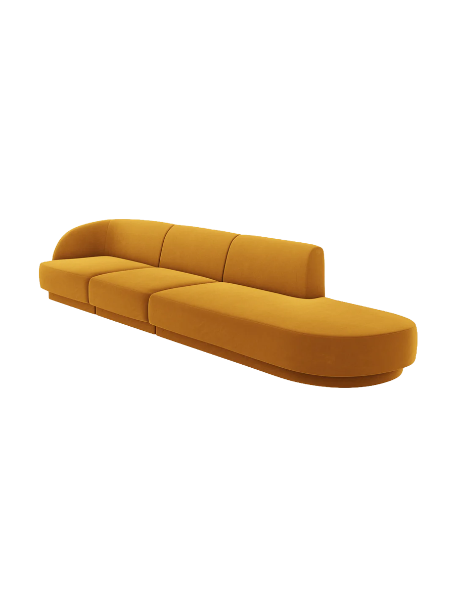 
Modulares Design Sofa mit Ottomane „Miley“ (4-Sitzer) - Samt Senfgelb / Ottomane rechts